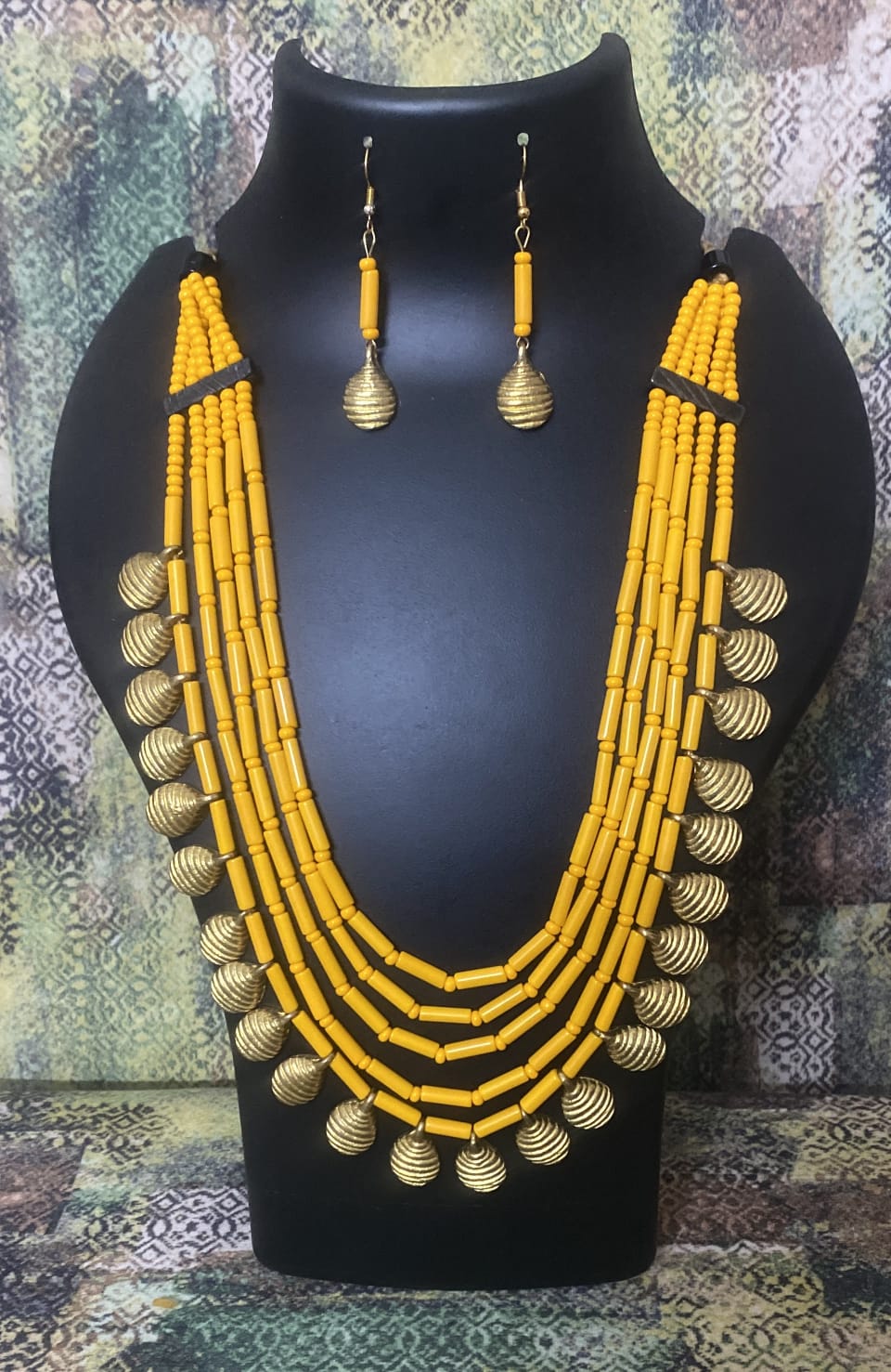 5 Layered Yellow Tube Beads with Brass Petals