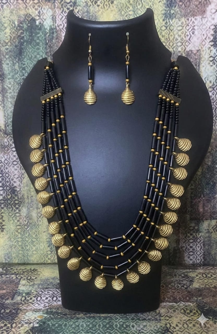 5 Layered  Black Tube Beads with Brass Petals