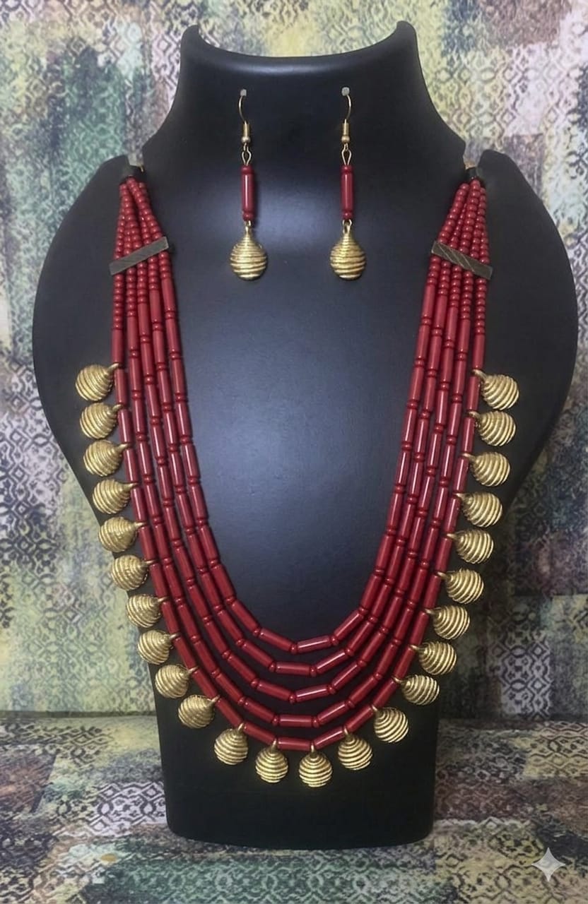 5 Layered Red Tube Beads with Brass Petals